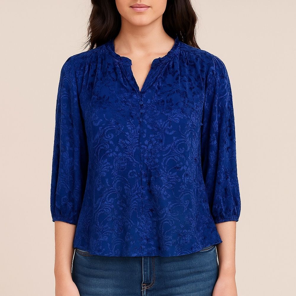 Liz Claiborne Navy Blue‎ Floral Velvet Burnout Fairy Whimsigoth Top, M